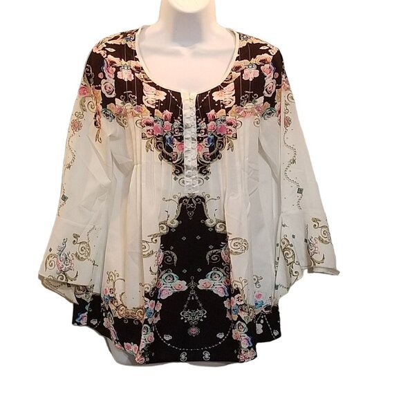 Unbranded Tops - Women's Blouse Top M Ruffled Frill Sleeve Pintucked Black White Floral Silky